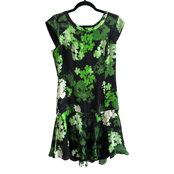 ALI RO Silk Green Black Clover Floral Drop Waist Dress Fairycore Fairy- Sz 8 - Picture 1 of 4